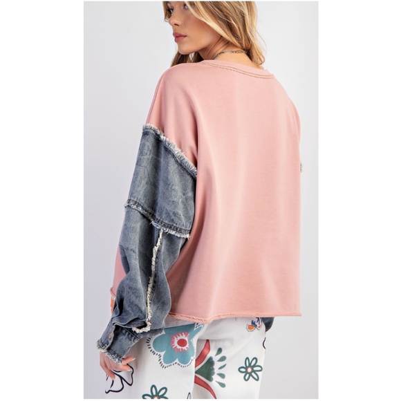 Easel French Terry Color Block Frayed Denim Sleeve Top - Picture 2 of 4